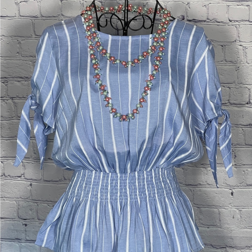 She + Sky Blue and White Striped Cold Shoulder Blouse - Picture 3 of 8